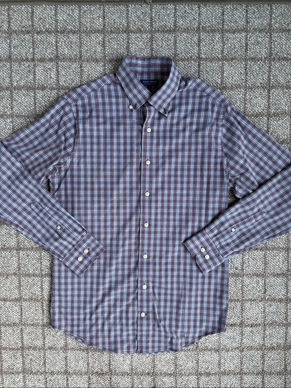 Men's Peter Millar Maroon & blue Plaid Button Down Shirt - Size M